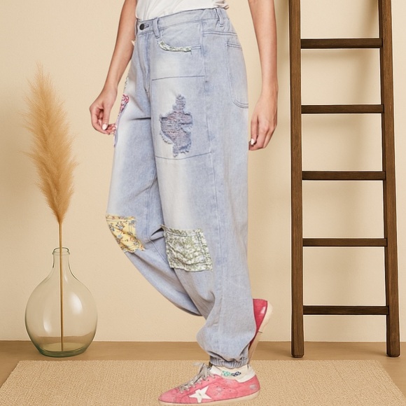 POL Floral Patchwork Jogger Denim Vintage Bohemian Denim - Picture 7 of 10